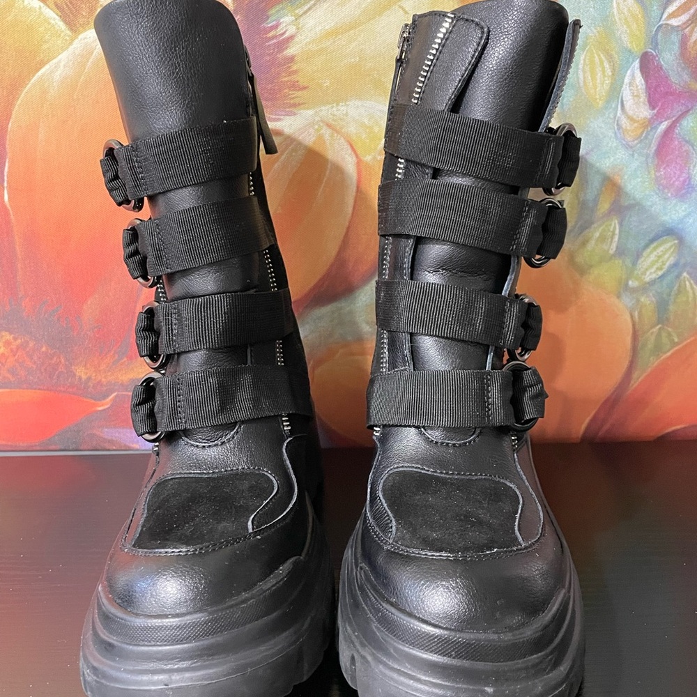 Women's Black Platform Buckle Combat Boots